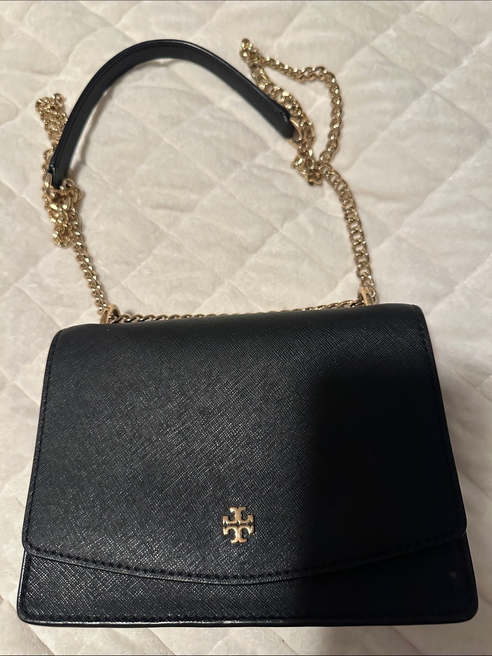 Tory Burch Black Saffiano Leather Chain Crossbody Shoulder Bag Gold Hardware